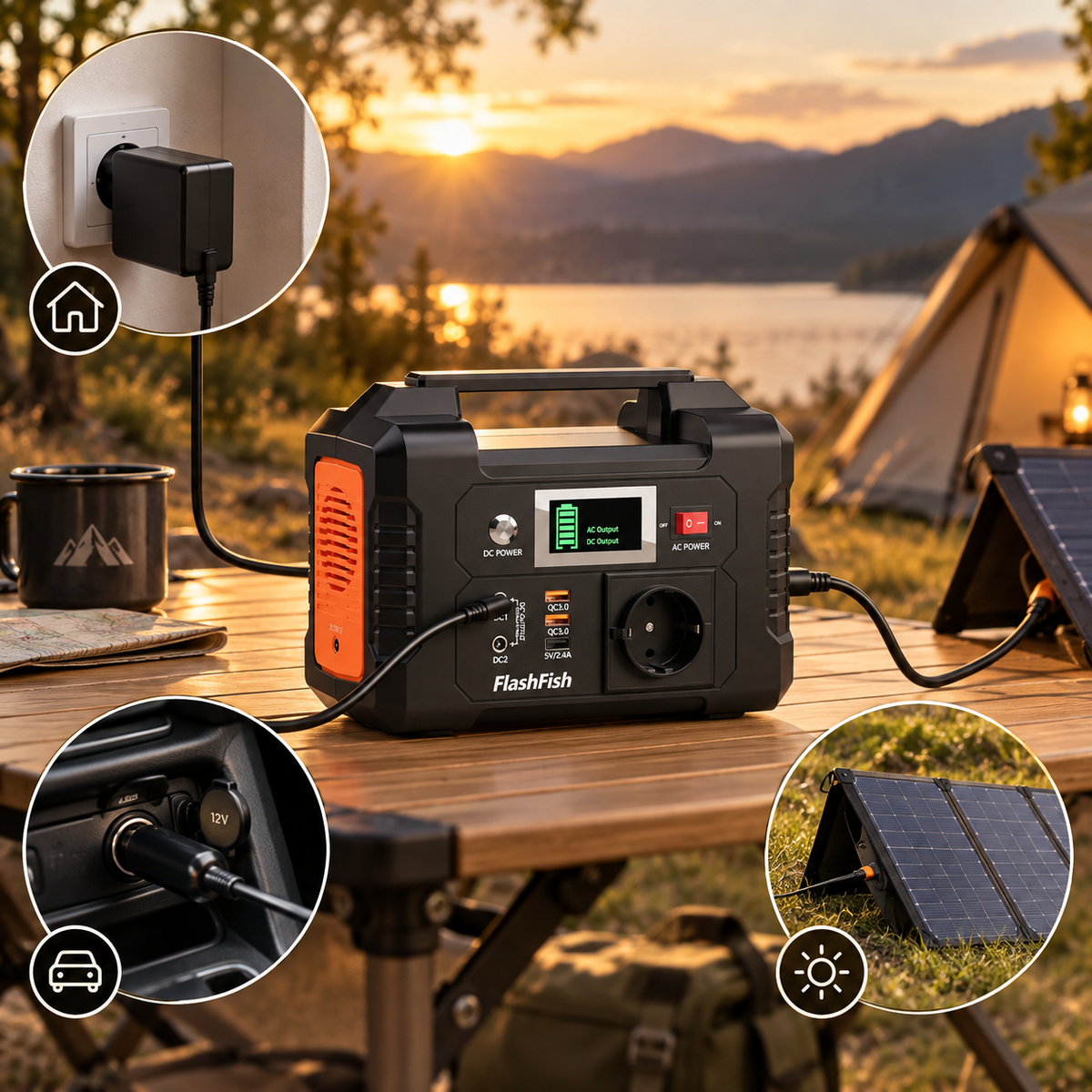 Rechargez-le selon votre situation, à la maison, en voiture ou avec un panneau solaire compatible.